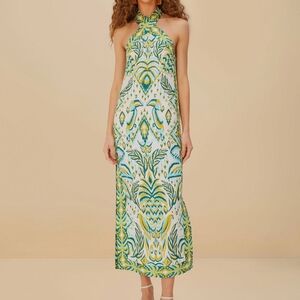 Elegant Green and Yellow Halter Maxi Dress off-white tropical tapestry